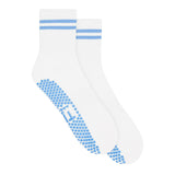 White grip sock with blue grips and stripes on a white background