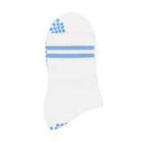 White grip sock with blue grips and stripes on a white background