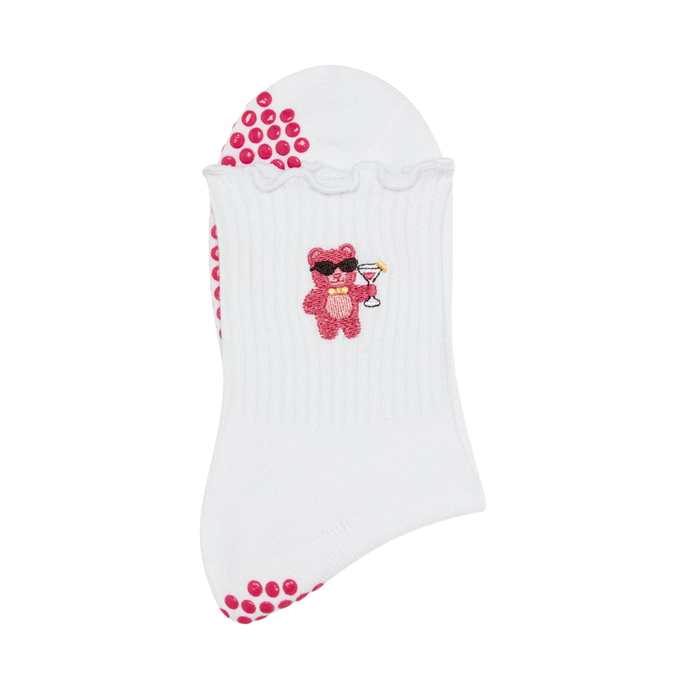 white grip sock by TICI ACTIVE with pink grips. Embroidery is a pink gummy bear with a yellow bowtie holding a cosmopolitan drink.