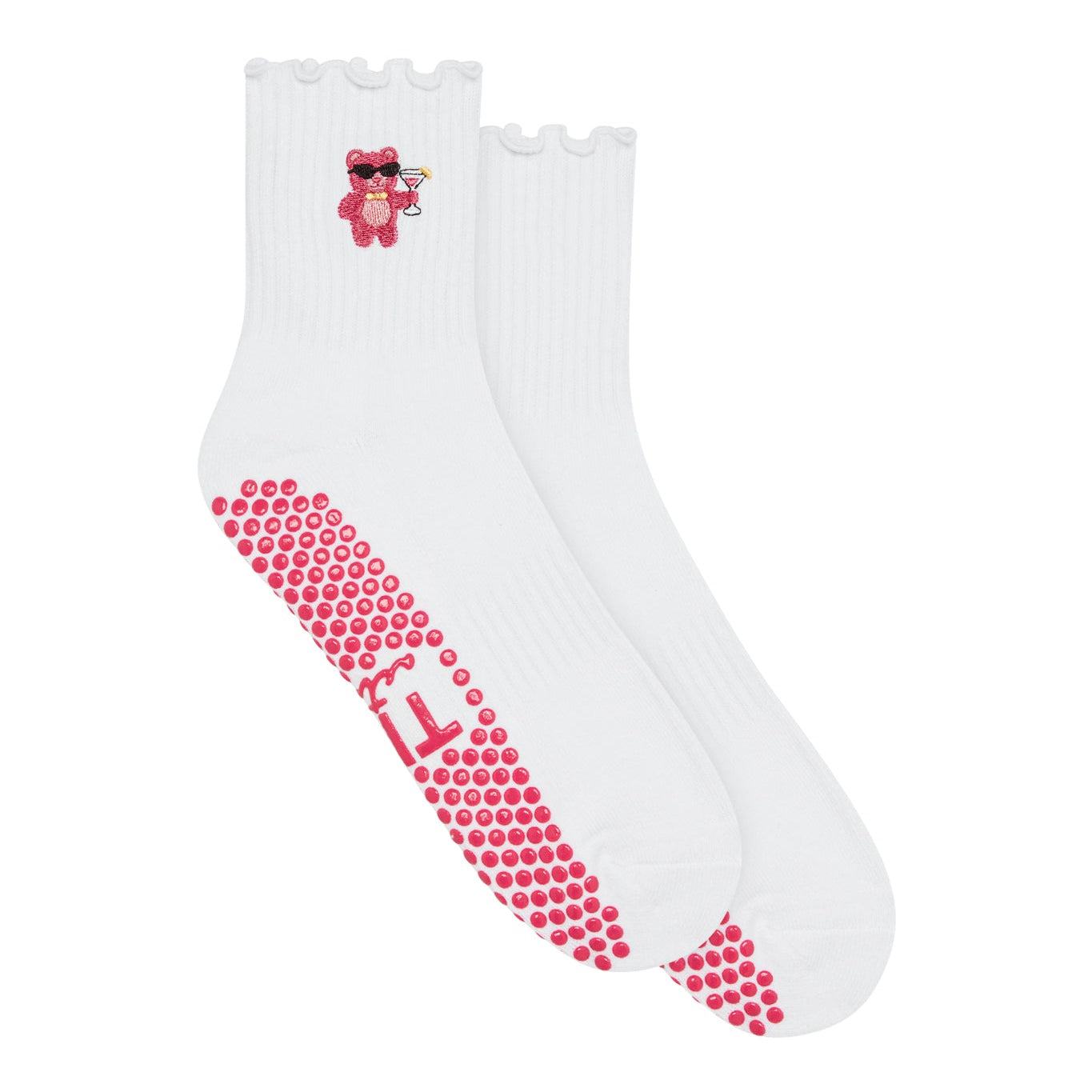 white grip sock by TICI ACTIVE with pink grips. Embroidery is a pink gummy bear with a yellow bowtie holding a cosmopolitan drink.