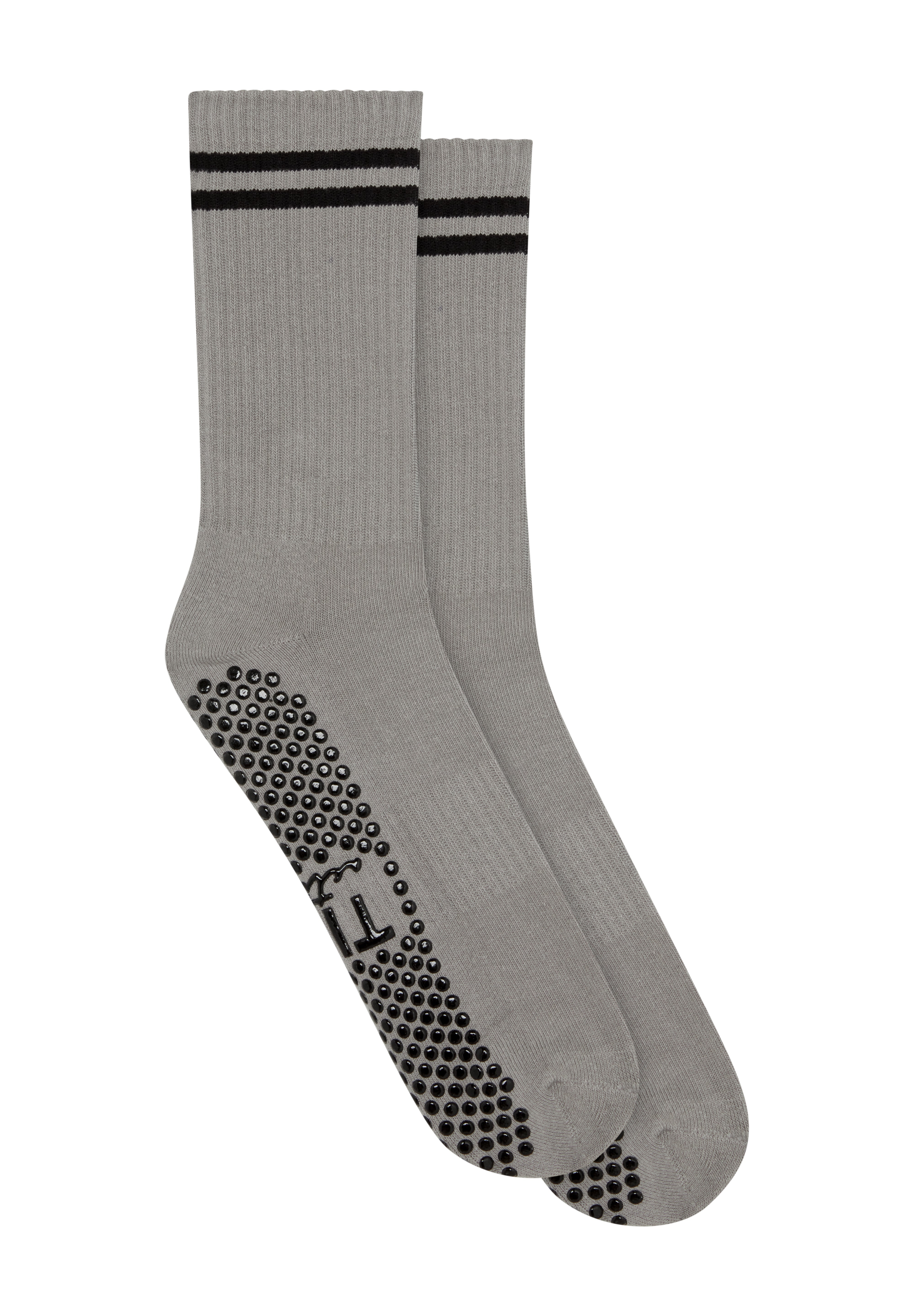 gray grip sock with black grips and stripes on a white background