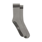Gray grip socks with black grips and black stripes