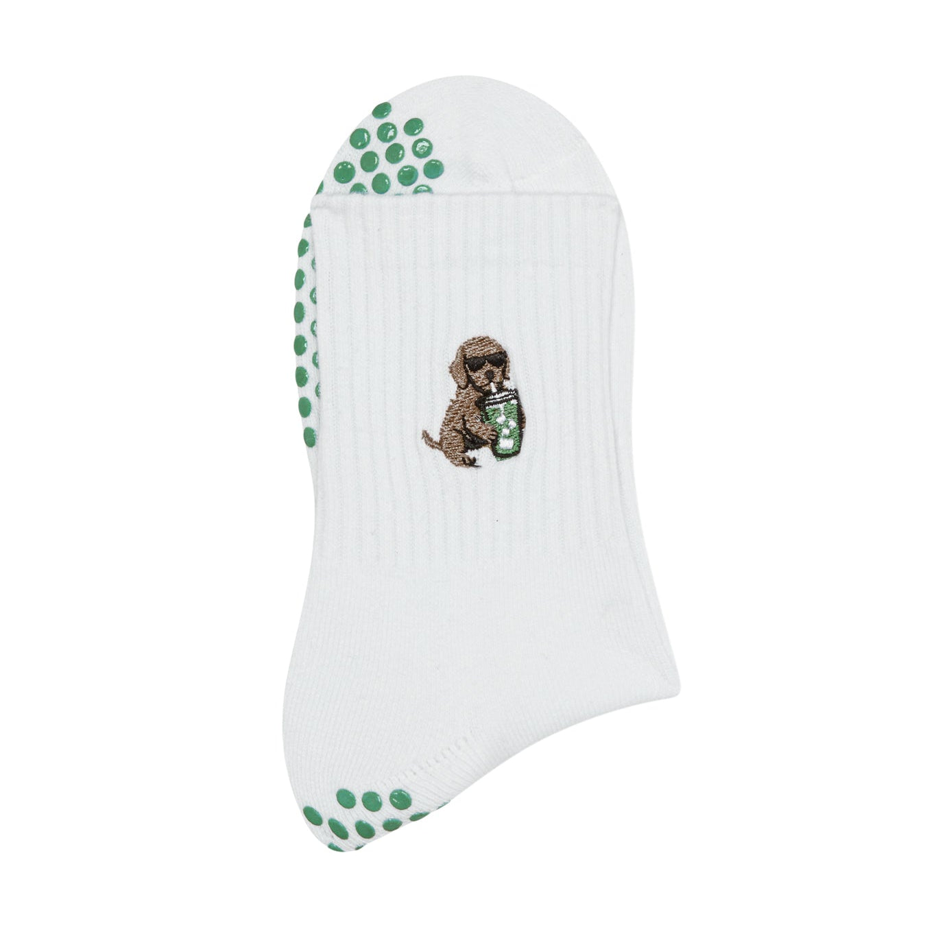 white grip socks with green grips. embroidery of a golden retriever drinking an iced matcha. pilates socks.