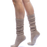 Beige socks with grip sole worn by a person on a white background TICI ACTIVE GRIP SOCKS SCRUNCH SOCKS 