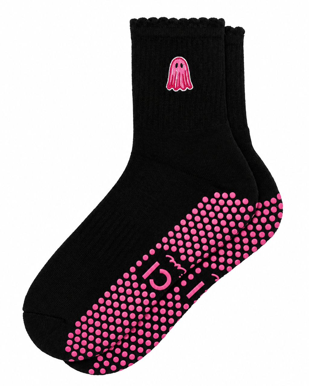 Black grip socks with pink ghost and matching pink grips on a white background. 