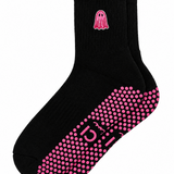 Black grip socks with pink ghost and matching pink grips on a white background. 