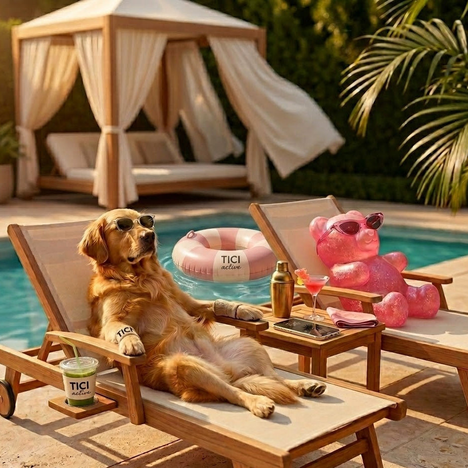 Dog lounging on a poolside chair with pool toys and drinks, pool and cabana in the background