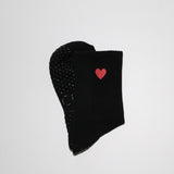 tici active valentines collection grip sock lover grip sock in black with black grips and red heart embroidery.