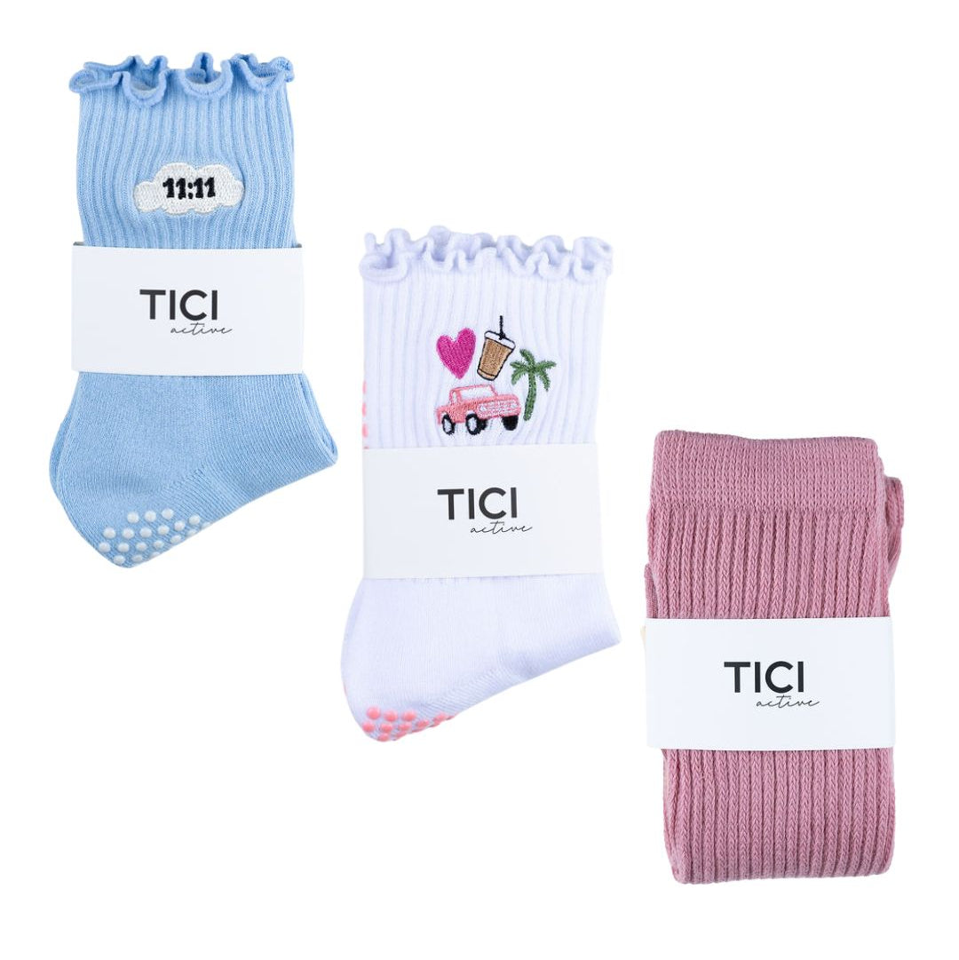 Three pairs of socks with 'TICI' branding on a white background