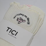 White socks with embroidered design and 'TICI active' label on a white background. pink private jet with text that reads, no crying on the PJ