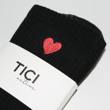 tici active valentines collection grip sock lover grip sock in black with black grips and red heart embroidery.