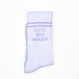 Light purple sock with 'Cute But Moody' text on a white background