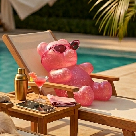 Pink gummy bear on a poolside chair with TICI ACTIVE product, pool and cabana in the background. Pilates socks .