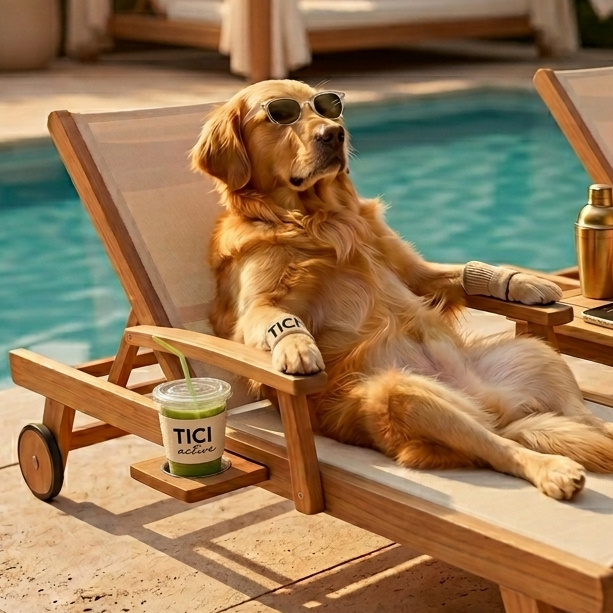 Golden retriever lounging on a pool chair with an iced matcha nearby. pilates socks. TICI ACTIVE matcha dog grip socks. 